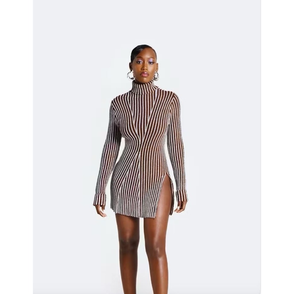 Hanifa Cici Metallic Ribbed Turtleneck Bodycon Mini Dress Brown Silver L NWT